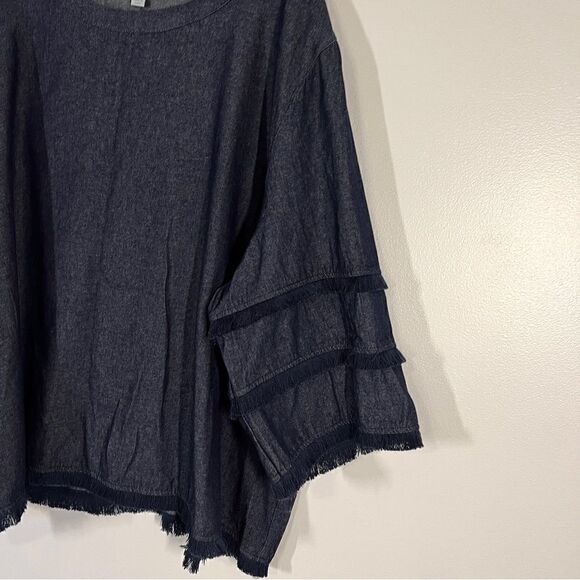 NWOT New C&C California Dark Chambray Denim Color Blouse Too Fringe Accents 3X - Picture 2 of 6